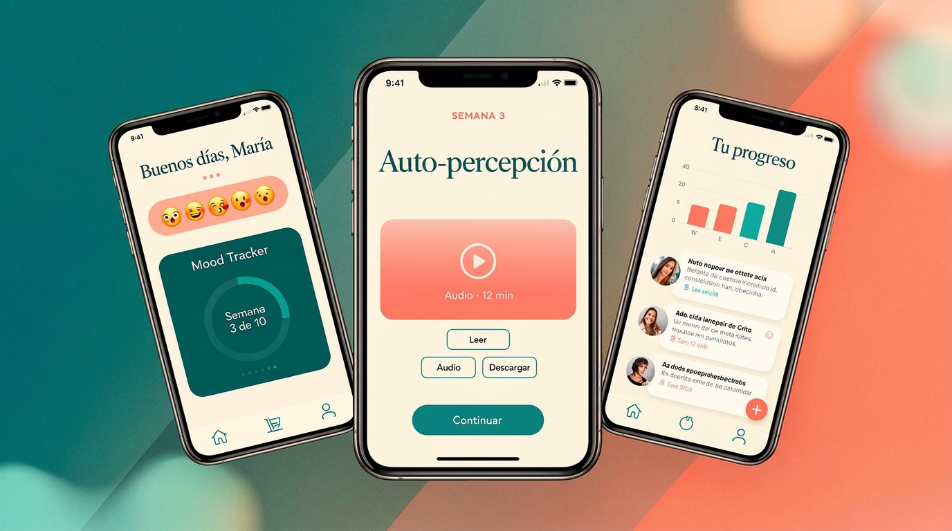 Tres pantallas de la app Acelera x10: check-in diario con seguimiento de ánimo, lección semanal con audio, y panel de progreso con la comunidad